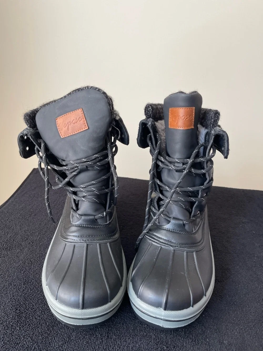 NWOT..,Vepose Black Kids Winter Lace-Up Snow Boots with Brown Logo Patch